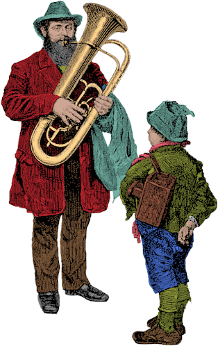 Our band logo, a drawing of a man playing an old tuba, with a boy listening.
